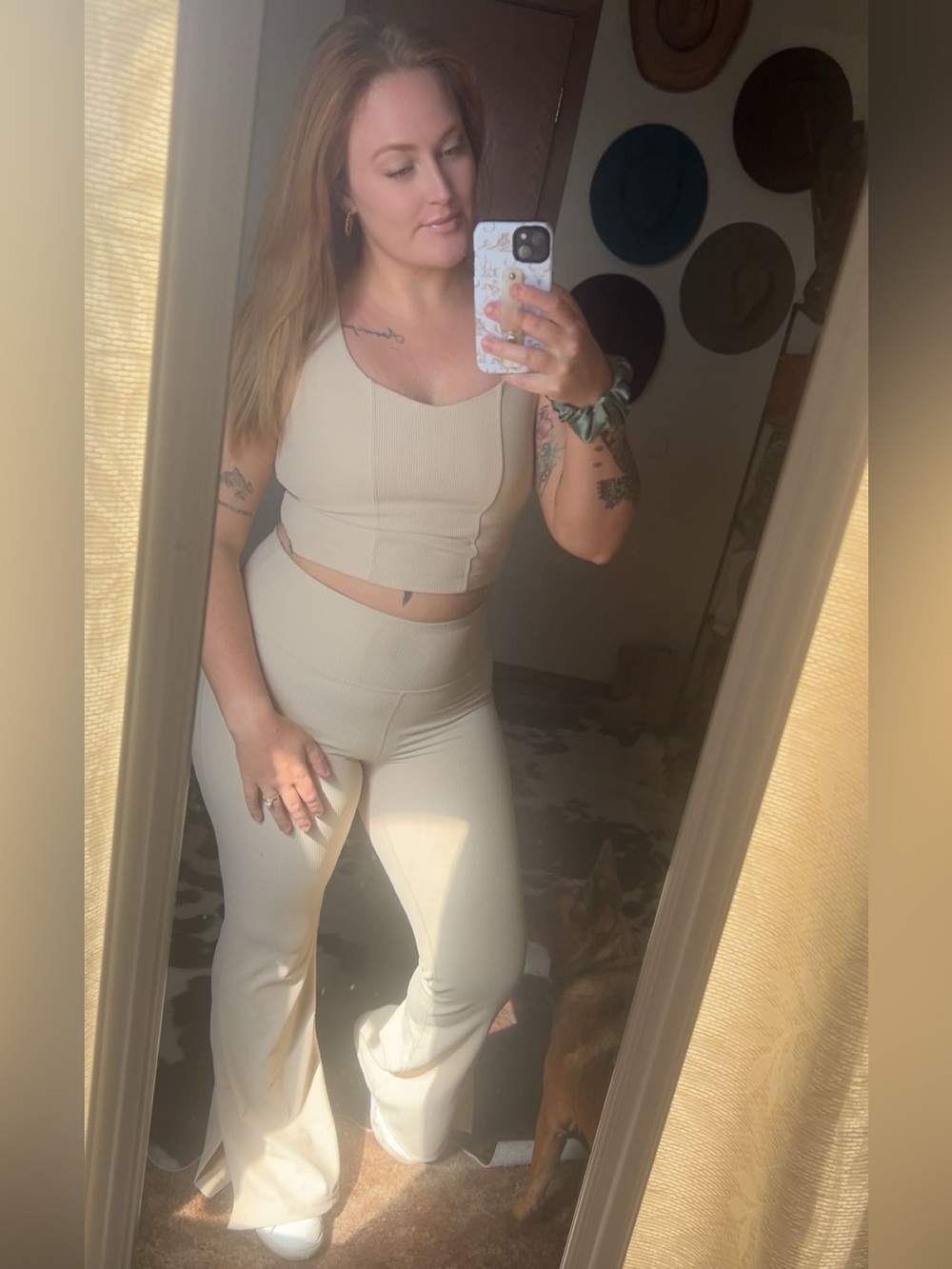 High-Waist Cream Ribbed Women's Pants & Matching Crop Top Set